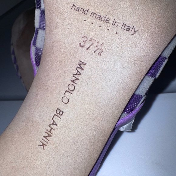 Manolo Blahnik Maysalebi Purple Check Kitten Heel Mule Pumps 37.5=7.5 - Picture 6 of 6